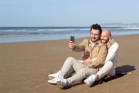 Smiling Gay Posing With Boyfriend For Selfie Stock Photo Image Of Summer Lgbtq 263247812