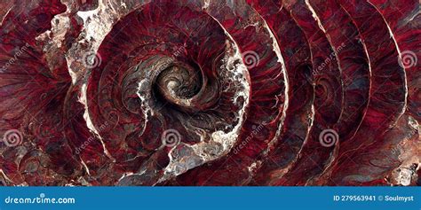 Fossilized Ammonite Sea Shell Spirals Embedded Into Dark Scarlet Red