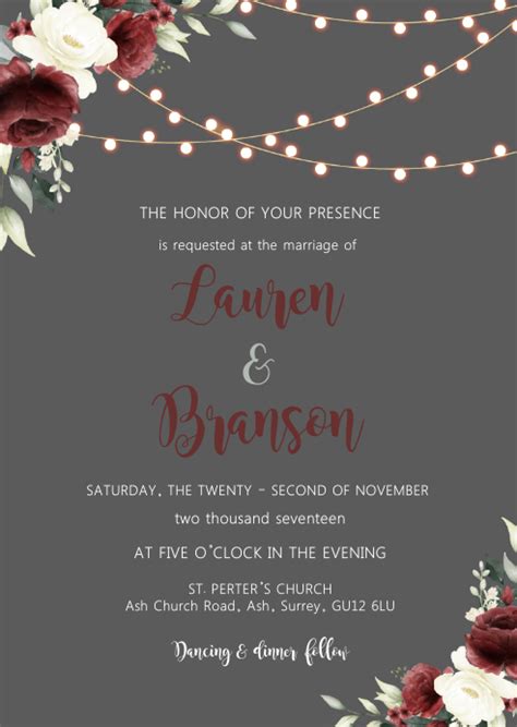 Burgundy Flower Gray Wedding Invitation Template Postermywall