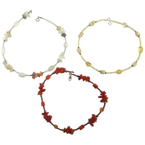 Set Of 3 Natural Stone Sterling Silver ANKLE Bracelets Ruby Lane