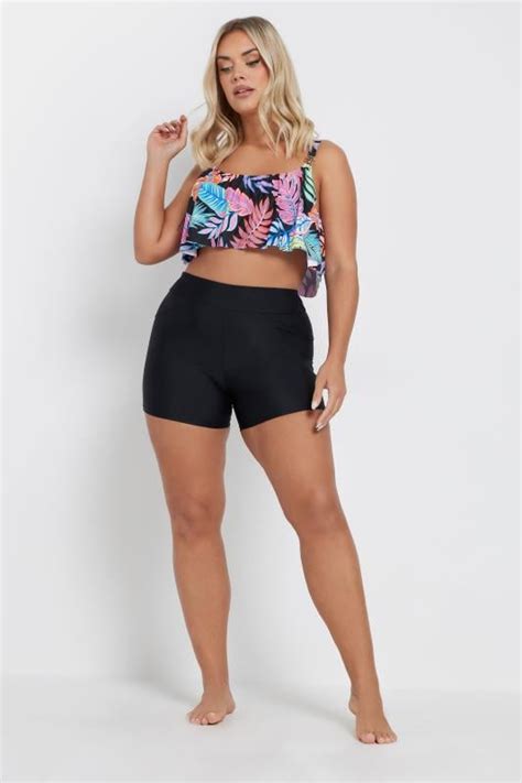 YOURS Plus Size Black Leaf Print Frill Bikini Top Yours Clothing