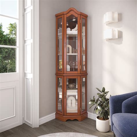 Belleze Tall Shelf Lighted Corner Curio Cabinet With Tempered Glass Doors And Shelves Oak