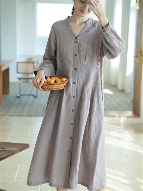 Gray Linen Dressv Neck Linen Shift Dressspring Autumn Etsy