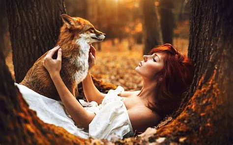 Open Mouth Women Outdoors Leaves Forest Model Dress Fox Nature