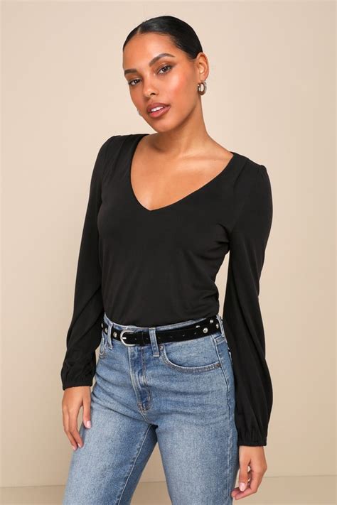 Black V Neck Top Jersey Knit V Neck Top Long Sleeve Top Lulus