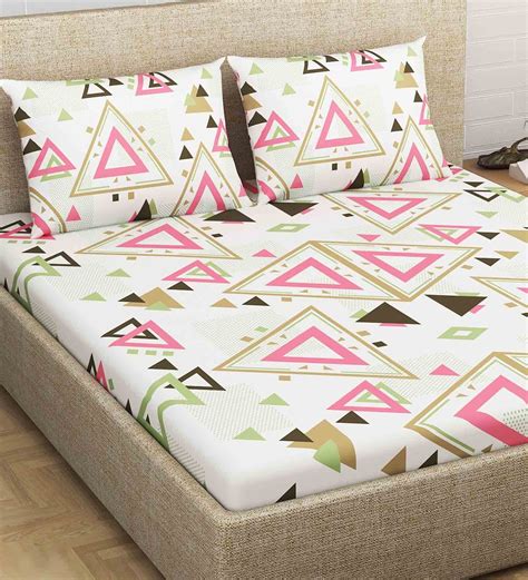 Buy Pink Geometric Tc Cotton Queen Sized Bed Sheets With Pillow