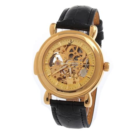 Men Golden Round Dial Self winding Wrist Watch Black Leather Strap ...