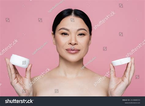 Asian Woman Naked Shoulders Holding Container Stock Photo Shutterstock