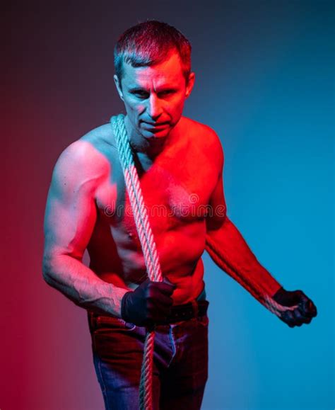 Handsome Naked Torso Man In Gloves With A Rope Stock Image Image Of Rope Shirtless