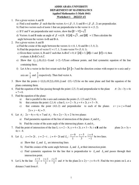Applied Mathematics I (Math 1041) Worksheet I | PDF | Linear Subspace ... 