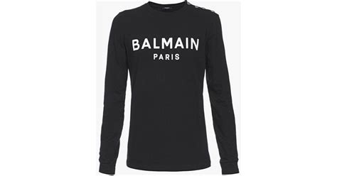 Balmain Cotton Long Sleeve T Shirt With White Paris Logo In Black White