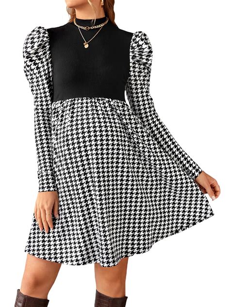 Biekopu Women Maternity Dress Long Sleeve High Neck Houndstooth