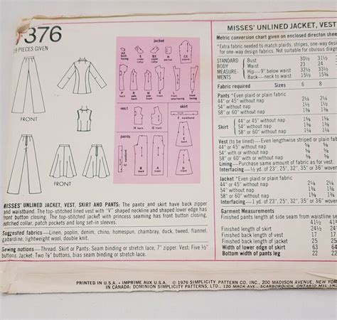 Unlined Jacket Vest Skirt Pattern 7376 Size Misses 12 Simplicity Precut