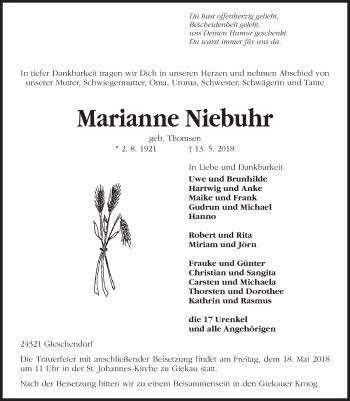 Traueranzeigen Von Marianne Niebuhr Trauer Anzeigen De