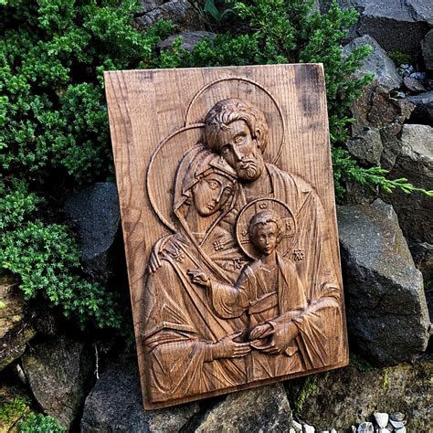 Holy Family Nativity Wood Carving Engraved Religious Icon Wall Artwork ...