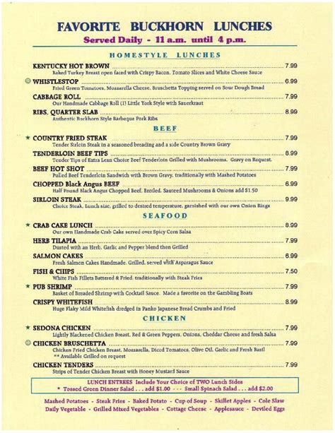 Menu at Buckhorn Tavern steakhouse, Dayton