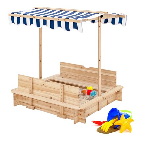 Infans Kids Wooden Sandbox With Canopy And Foldable Bench Seats