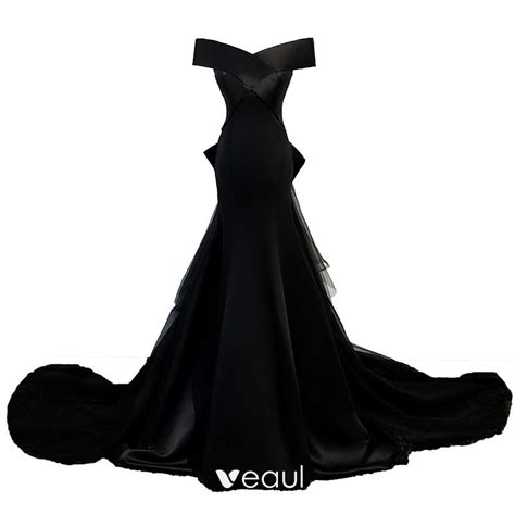 Chic / Beautiful Black Satin Evening Dresses 2023 Trumpet / Mermaid Off-The-Shoulder Short ...