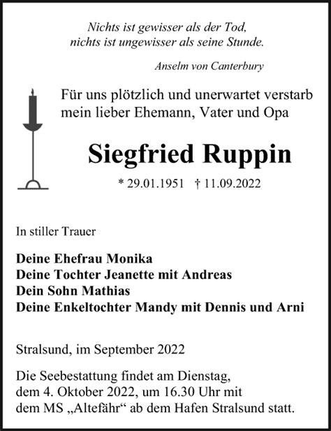 Traueranzeigen Von Siegfried Ruppin Trauer Anzeigen De