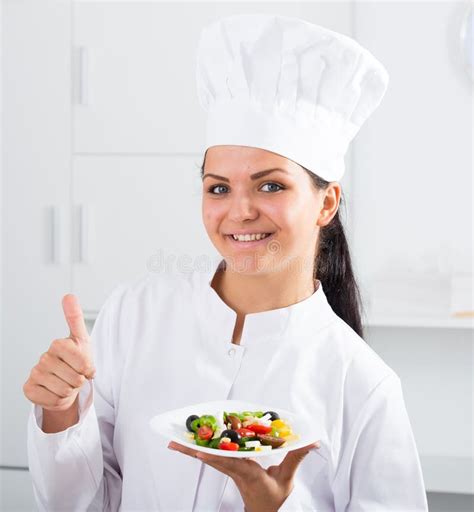 Brunette Girl Chef And Plate With Salad Stock Photo Image Of Chef Green 80860080