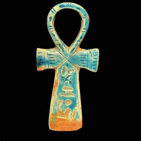 ANCIENT EGYPTIAN FAIENCE GLAZED HIEROGLYPHIC ANKH CROSS STATUE 664