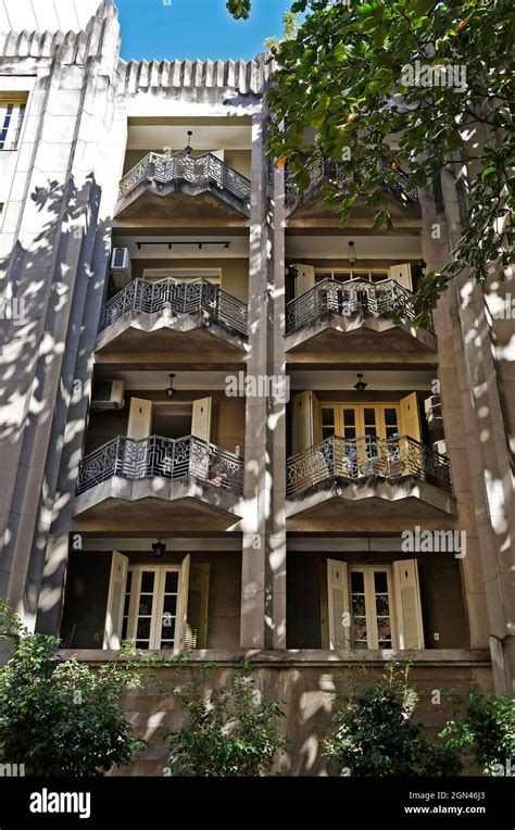 RIO DE JANEIRO, BRAZIL - AUGUST 2, 2017: Art Deco balconies on facade ...