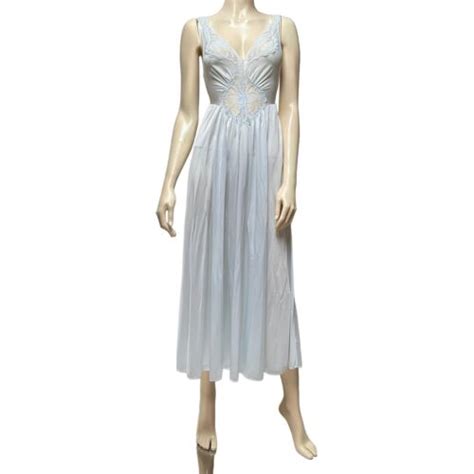 Vintage Olga Blue Nightgown Pastel Nylon Lace Dress G Gem