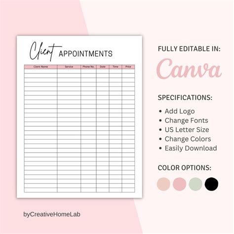 Canva Printable Client Appointment Appointment Tracker Meeting Log