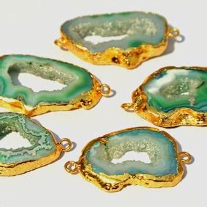 5pcs 24kt Gold Electroplated Edge Green Druzy Agate Geode Slice