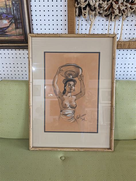 Vintage Signed Charcoal Sepia Tone Nude Portrait In Bamboo Frame Free US Shipping Etsy