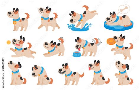 Cartoon dog. Active pet animal, cute puppy and dogs in different poses ...