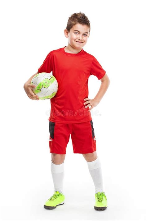 Standing Young Soccer Player Holding Football Stock Image - Image of ...