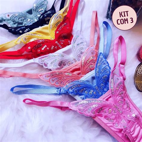 Kit 3 Calcinhas Borboleta Lingerie Tanga Sexy Regulagem Sensual Feminino Tanga Microfibra