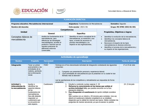 Planeación didáctica u1 PLANEACIN DIDCTICA Programa educativo