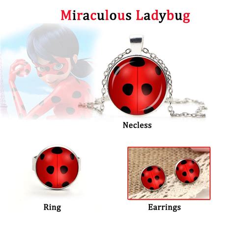 Miraculous Ladybug Glass Circle Earrings Ring Necless Cat Animal