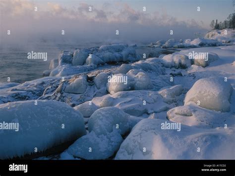 Ice Covered Boulders Along The North Shore Of Lake Superior At