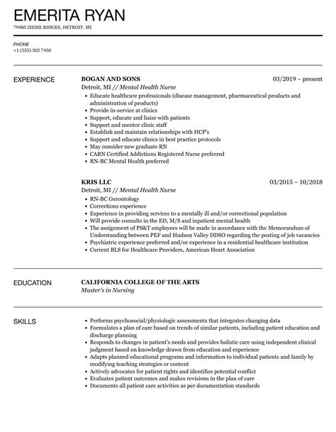 Mental Health Nurse Resume Samples | Velvet Jobs