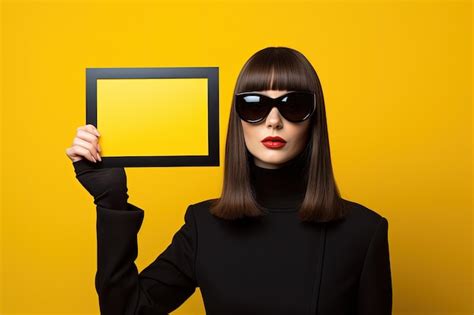 Premium Photo Woman In Sunglasses Holding A Sign Yellow Background Generative Ai