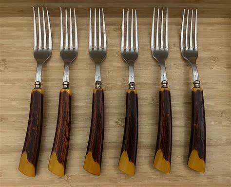 Vintage Set Of Forks Woodgrain Bakelite Handles Glo Hill Stainless