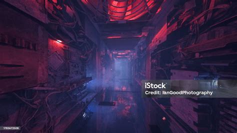 Terowongan Scifi Cyberpunk Yang Gelap Dan Murung Di Kapal Atau Stasiun