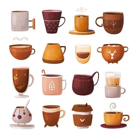 Coffee Mugs Are Arranged In A Circle On A White Background Each With