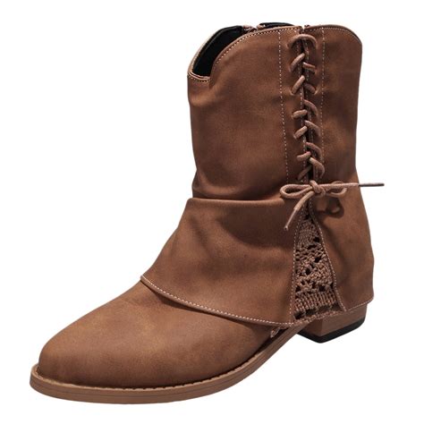 Pmuybhf Mid Calf Cowboy Boots For Women Brown Minimalist Side Zipper