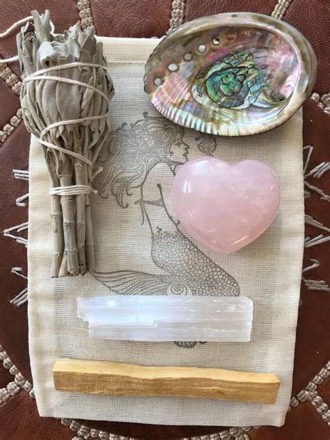 Rose Quartz Heart Love Smudge Kit Large Palm Stone Rose Quartz Sage