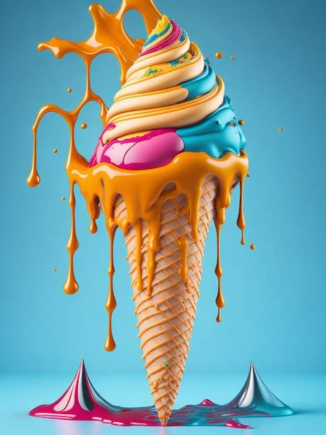 Premium Ai Image Colorful Melting Ice Cream Cone Illustration With