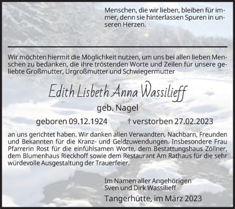 Traueranzeigen Von Edith Lisbeth Anna Wassilieff Abschied Nehmen De