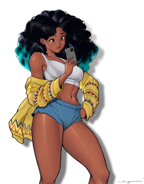 Rule 34 Absurdres Afro Black Hair Blue Hair Blue Shorts Brown Eyes Capcom Cellphone Crop Top