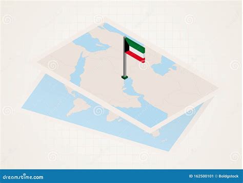 Kuwait Selected On Map With Isometric Flag Of Kuwait Stock Vector