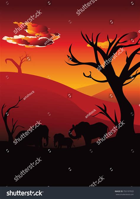 Colorful Sunset Scene African Landscape Silhouette Stock Vector ...