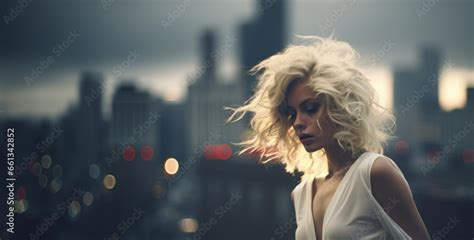Blonde Model In The City Wearing Sheer White Silky Dress Panoramic Vista Of Bustling Metropolis