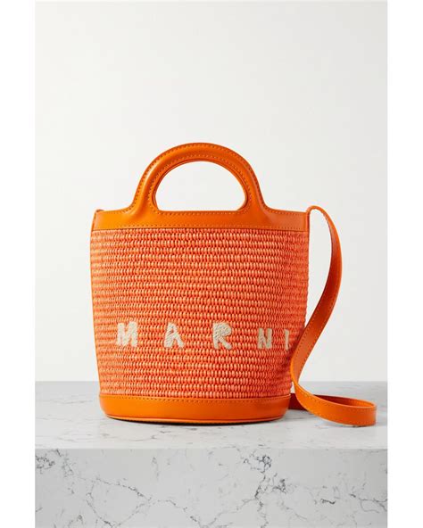 Marni Tropicalia Small Leather Trimmed Embroidered Raffia Bucket Bag In